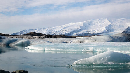 Beautiful Jökulsárlón Glacier Lagoon water and ice located in Iceland. Photo taken on a cloudy day