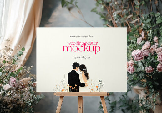 Wedding Poster Mockup on Wooden Easel with Floral Background &ndash; Realistic Display Template for Ceremony Signage, Bridal Event Decor, or Romantic Invitation Design