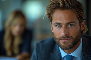 Naklejka premium In an office setting, two senior managers are evaluating a resume while the employer interviews a young male job candidate for recruitment