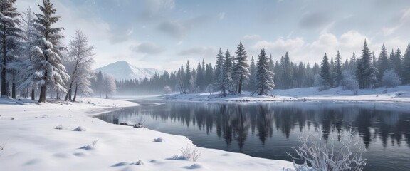 Frozen landscape with snow-covered trees and a frozen lake in the background, ,  frosty