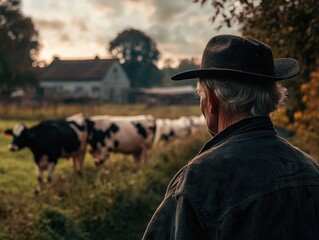 Man watching cows in field