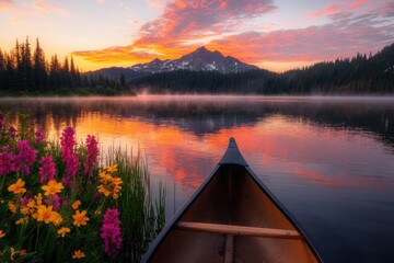 Serene sunrise canoeing on a misty still lake mirroring majestic mountains in its tranquil waters