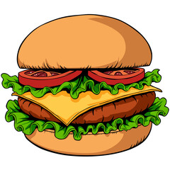 beef burger, traditional beef hamburger with all the extras onions, tomatoes, cheese and lettuce realistic illustration graphic design