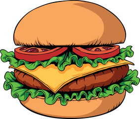 beef burger, traditional beef hamburger with all the extras onions, tomatoes, cheese and lettuce realistic illustration graphic design