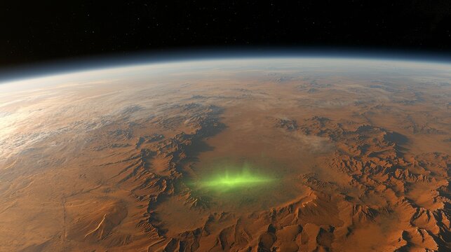 Aerial view of alien planet desert landscape with green glow sci-fi atmosphere outer space environment