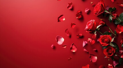 Obraz premium Love in Bloom: A Stunning Display of Passionate Red Roses and Delicate Petals, Adorning a Rich Crimson Canvas, Symbolizing the Beauty and Joy of Love.