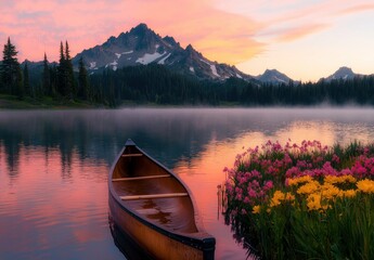 Serene Sunset Canoe on Calm Lake Mountain Reflection