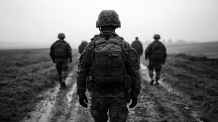 Fototapeta premium Soldiers marching through a muddy field under a grey sky, showcasing determination and unity