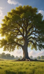 Fototapeta premium A majestic sycamore tree is the centerpiece of a serene and peaceful field with an open sky above it, tree in field, field view