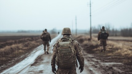 Naklejka premium Soldiers walking along a muddy road in a rural area under a cloudy sky, evoking a sense of movement