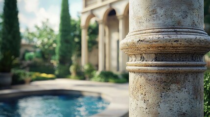 Naklejka premium Mediterranean Villa Column Detail, Summer Day Luxury Poolside View