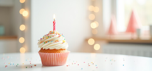 festive cupcake with a candle with a copy space