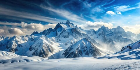 Obraz premium A majestic mountain range set against a bright white winter sky, mountain range, serene landscape, peaceful scenery, snowy peaks, frosty morning