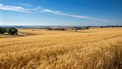 Fototapeta premium A majestic golden wheat field stretching as far as the eye can see against a clear blue sky, agriculture, fields