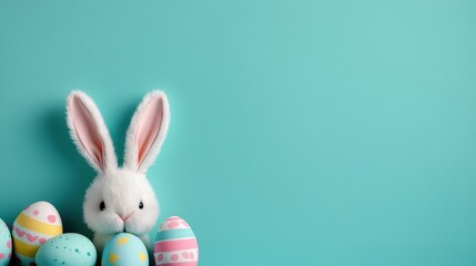 Obraz premium Easter Bunny and Pastel Eggs: An adorable white bunny peeks out from behind a collection of pastel-colored Easter eggs against a vibrant turquoise background.