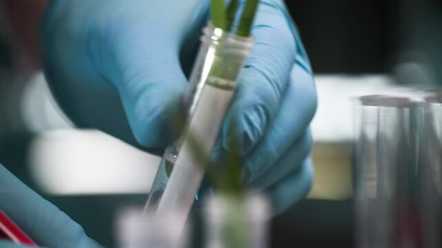 agrolaboratory, male lab worker in protective gloves examining test tubes with plants during research, close-up