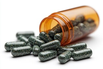 Green and white capsules cascade from a semi-transparent orange medication bottle centered on a plain white background, formatted horizontally
