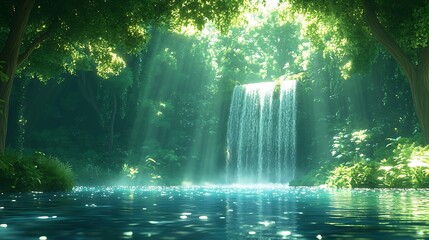 A majestic waterfall descends from a high plateau into a deep, clear lake, surrounded by towering pine trees. The powerful flow of water and the tranquil environment create a stunning and balanced 