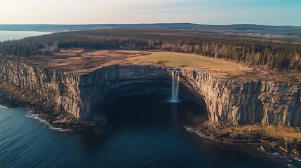 A majestic waterfall descends from a high plateau into a deep, clear lake, surrounded by towering pine trees. The powerful flow of water and the tranquil environment create a stunning and balanced 