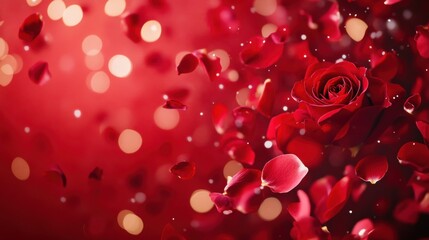Love in Bloom: A Stunning Display of Passionate Red Roses and Delicate Petals, Adorning a Rich Crimson Canvas, Symbolizing the Beauty and Joy of Love.