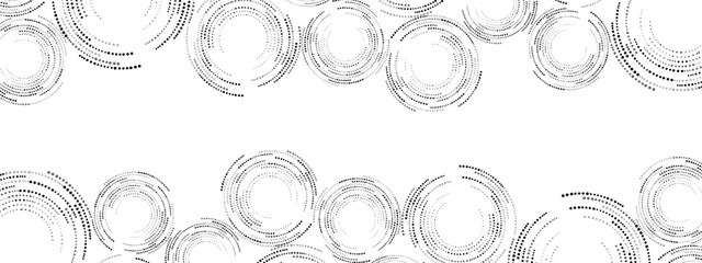 Monochrome abstract mosaic background of spirals, dots. Texture of maze. Chaotic ornament,  circular pattern of small dots. Design of banners, posters, websites, social networks. Vector