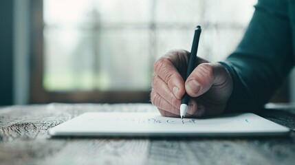 Naklejka premium creative process of sketching ideas with a digital pen on a tablet