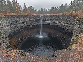A majestic waterfall descends from a high plateau into a deep, clear lake, surrounded by towering pine trees. The powerful flow of water and the tranquil environment create a stunning and balanced 