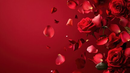 Obraz premium Love in Bloom: A Stunning Display of Passionate Red Roses and Delicate Petals, Adorning a Rich Crimson Canvas, Symbolizing the Beauty and Joy of Love.