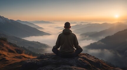 A young man is sitting on a rock on top of a mountain, his back to us, looking at the mountain landscape. Relaxed and mindfull in lotus position