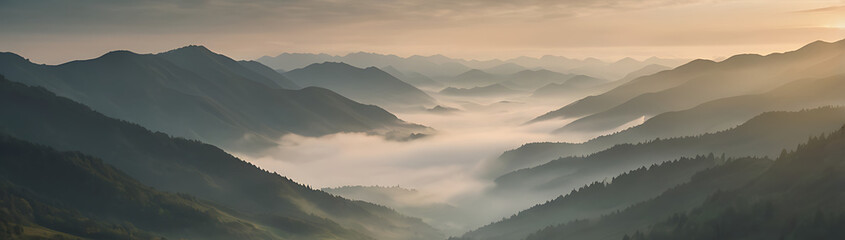 Obraz premium Scenic Sunrise Misty Mountain Photo Banner