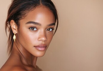 A woman with smooth, flawless skin and elegant golden jewelry, complemented by makeup. A girl with perfect lips and eye makeup rests her hands under her chin. An elegant model, smiling, wears gold