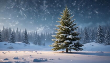 Obraz premium Fir tree against frosty winter background with falling snowflakes and twinkling lights , twinkling, christmas, snowy