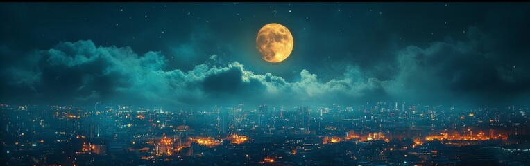 A city skyline under a full moon surrounded by stars, symbolizing calm and beauty. Perfect for travel, cityscapes, and night photography.