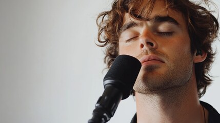 Naklejka premium Singer with Closed Eyes and Microphone