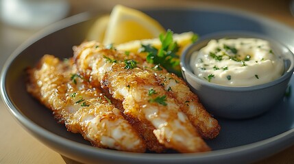 Crispy fish fingers, lemon, sauce.  Delicious meal