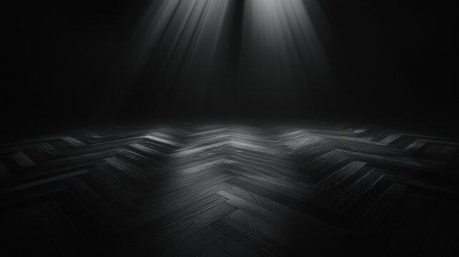 Black and white photograph of a dark room with a chevron pattern on the floor. the room appears to be empty, with no other objects or decorations in sight.