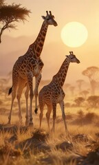 Obraz premium Giraffes roaming freely in a vast savannah at sunset with golden hues casting across their tall bodies, sunset, giraffe