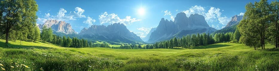 Obraz premium A landscape featuring mountains, showcasing the panoramic view of Sass Rigais and Furchetta from the Val di Funes (Villnösstal)