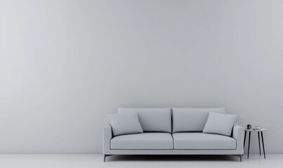 Minimalist living room with light grey sofa and side table against a white wall.