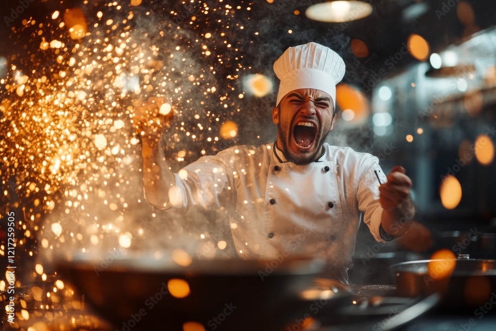 Aufkleber a chef in a busy kitchen, angrily shouting orders at their team as chaos unfolds around them
