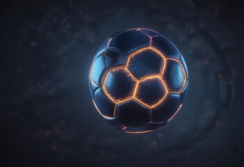 Naklejka premium Glowing neon soccer ball suspended in mid-air over dark blue background, glowing neon, sports equipment