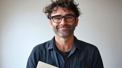 Obraz premium Confident Man with Glasses Holding a Book
