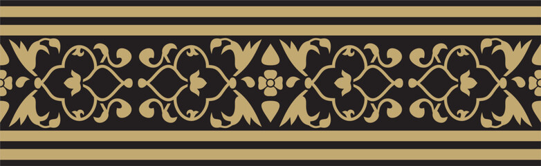 Vector gold and black endless Turkish national ornament. Seamless ottoman border, frame. Ethnic floral pattern of Seljuk Turks. Decoration of the Sultan's palaces