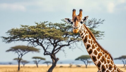 Obraz premium Giraffe in African Savanna Landscape Under a Cloudy Sky