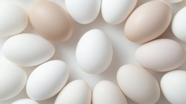 Group of white eggs arranged in a random pattern on a white background. the eggs are of different sizes and shapes, with some being round and others being oval-shaped.