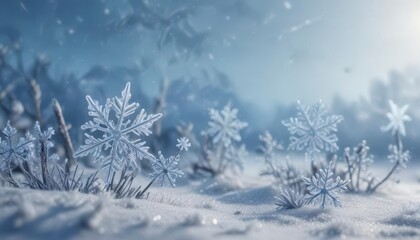 Icy blue winter scene with delicate hand-drawn snowflakes against a frosty sky ,  abstract ,  nature