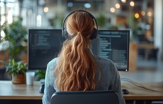 A woman in a call center office dons a headset, engaging in customer service and online support using CRM systems. Additionally, there is a computer for telemarketing and career consulting. An