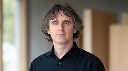 Portrait of middle-age English British Caucasian male in late 30s cross arms musician artist or song writer with wavy medium-length hair