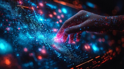 Fototapeta premium futuristic hand interacting with digital interface in sci-fi environment
