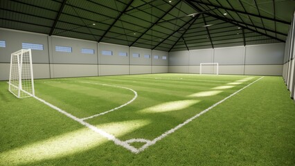Architectural Visualization of an Indoor Mini Soccer Arena Highlighting Artificial Turf, Structural Steel Roof, and Natural Light Panels
